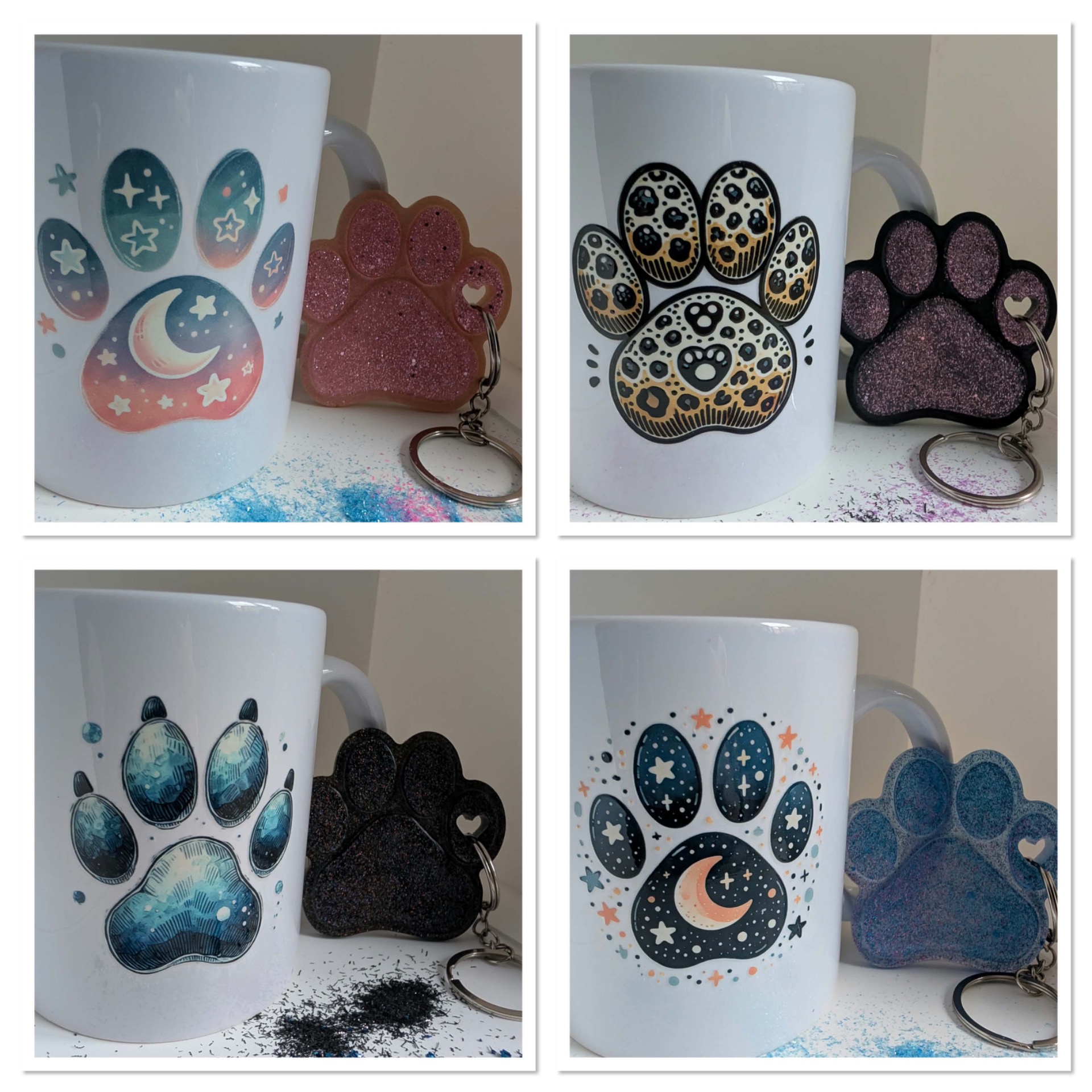 Four mugs with paw-print designs, each paired with matching glitter keychains on a colorful tabletop.